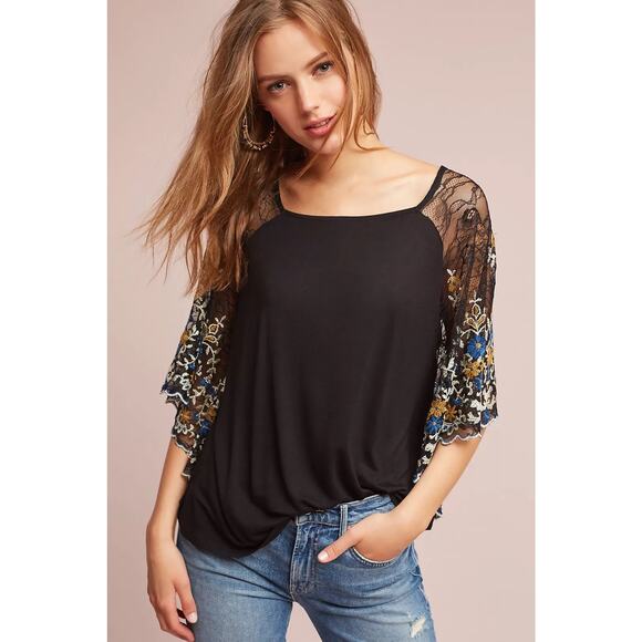 Akemi + Kin Anthropologie Black Embroidered Flutter Top Size XS - Picture 1 of 7